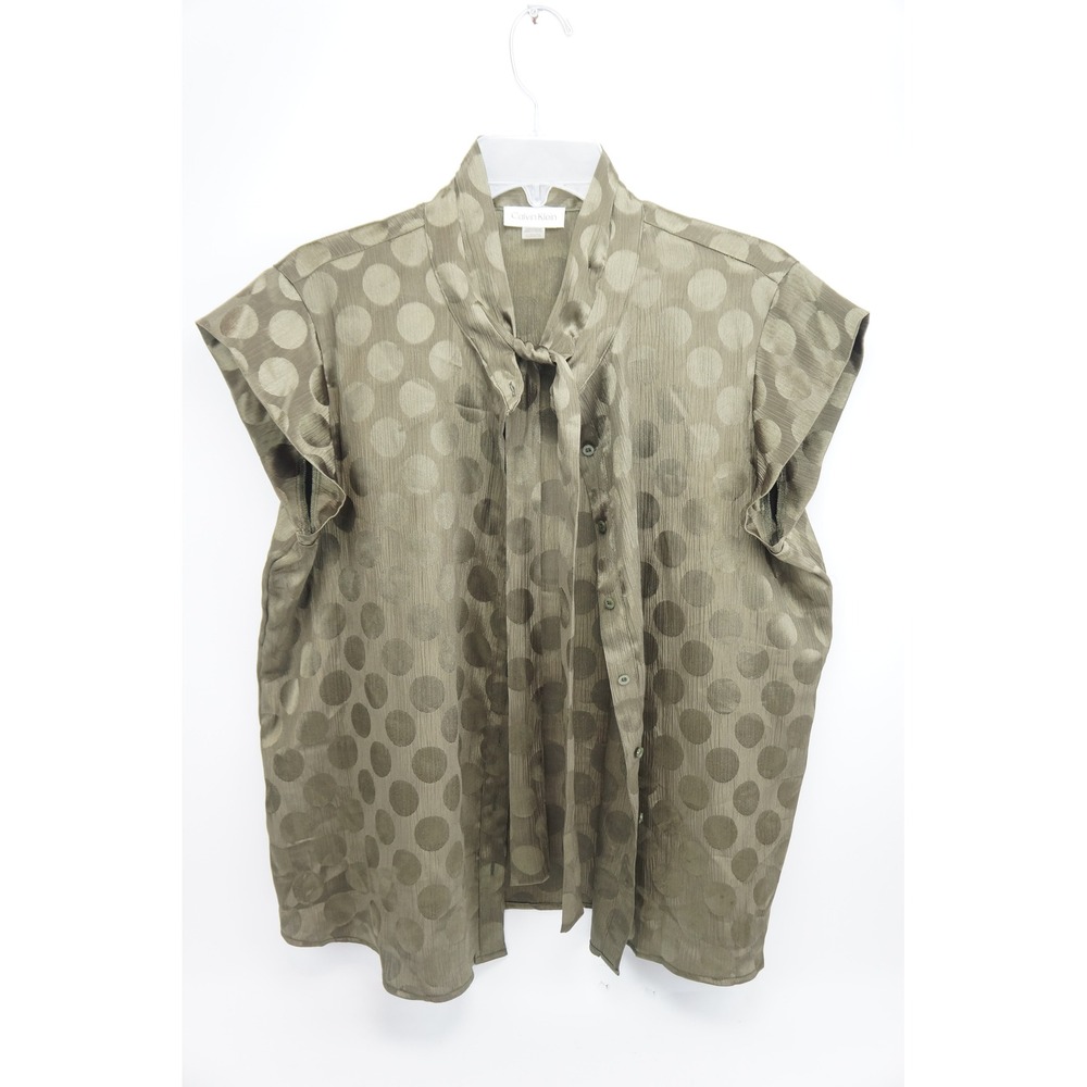 Calvin Klein Blouse XL Olive Green Polka Dot Tie Neck Sleeveless Excellent
